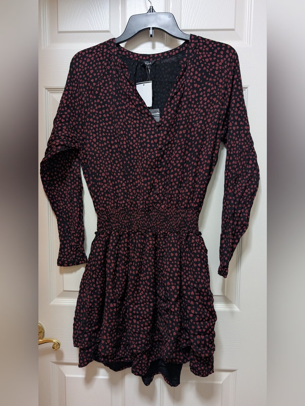 NWT Rails Jasmine Enamoured Heart Print Smocked Mini Dress Size Small Red Black